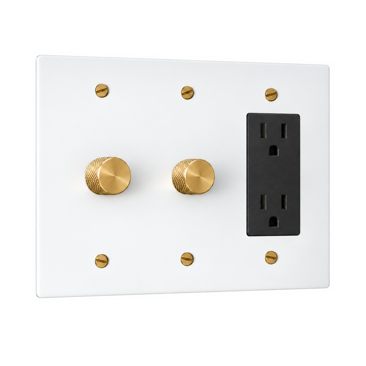 3-Gang Solid Brass 2 Rotary Dimmers + 1 Duplex Outlet in White with Brass Accents; 2 rotary dimmers + 1 duplex outlet on a white background