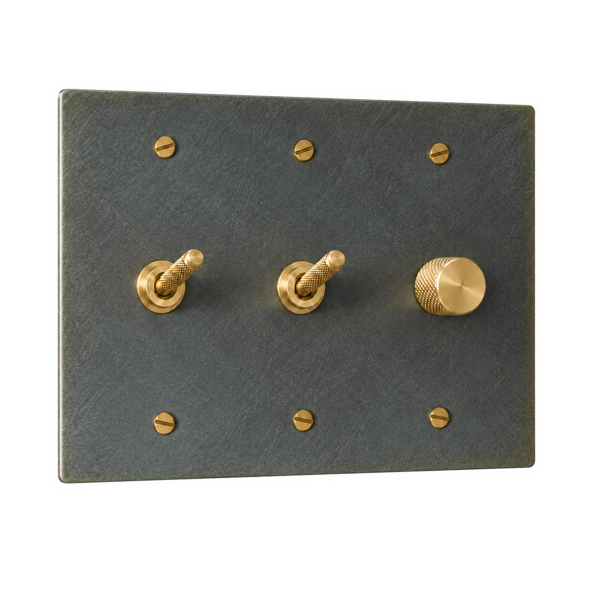 3-Gang Solid Brass 2 Knurled Toggle Light Switches & Dimmer in Aged Bronze (Hand-Brushed); 2 toggles + 1 rotary dimmer on a white background