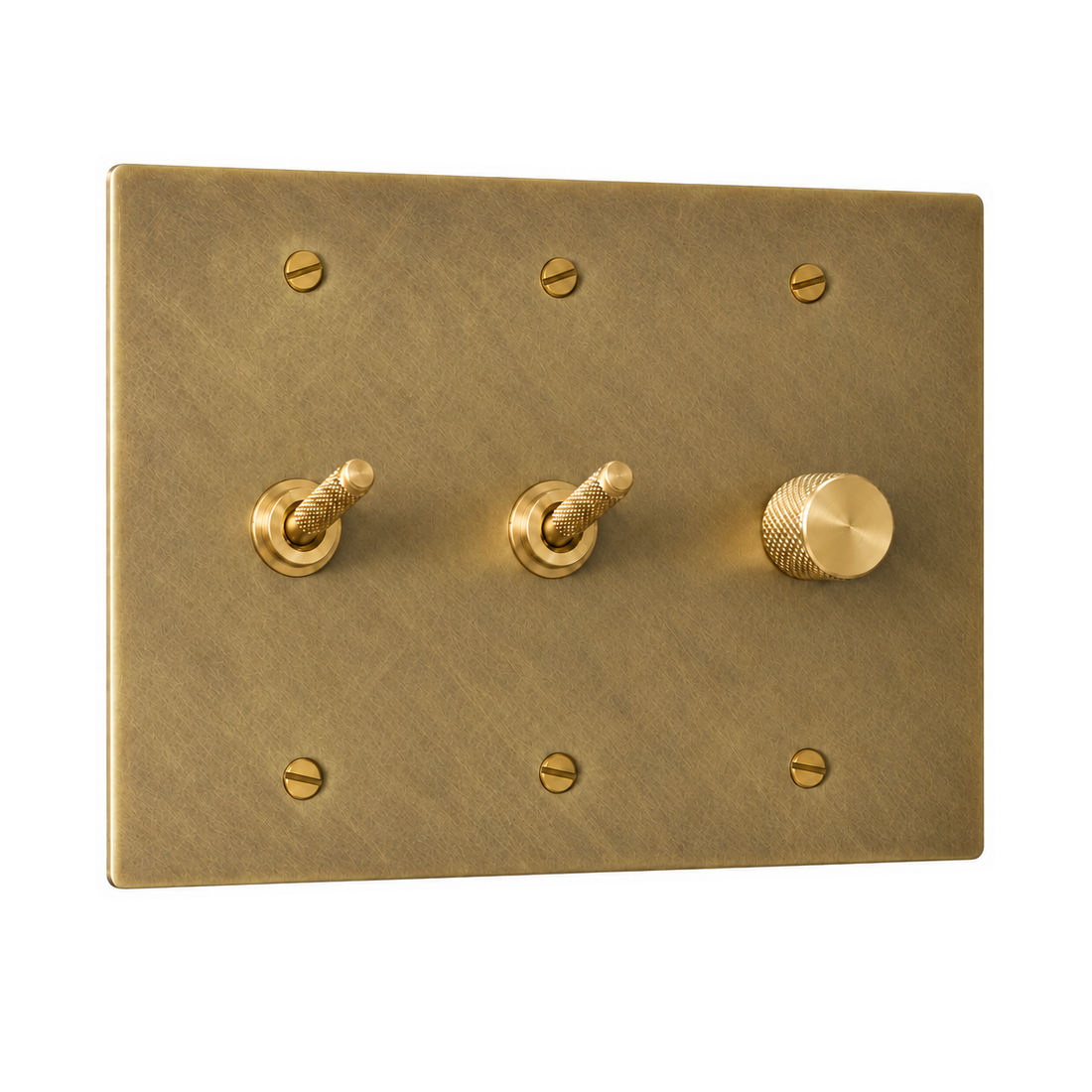 3-Gang Solid Brass 2 Knurled Toggle Light Switches & Dimmer in Satin Brass; 2 toggles + 1 rotary dimmer on a white background