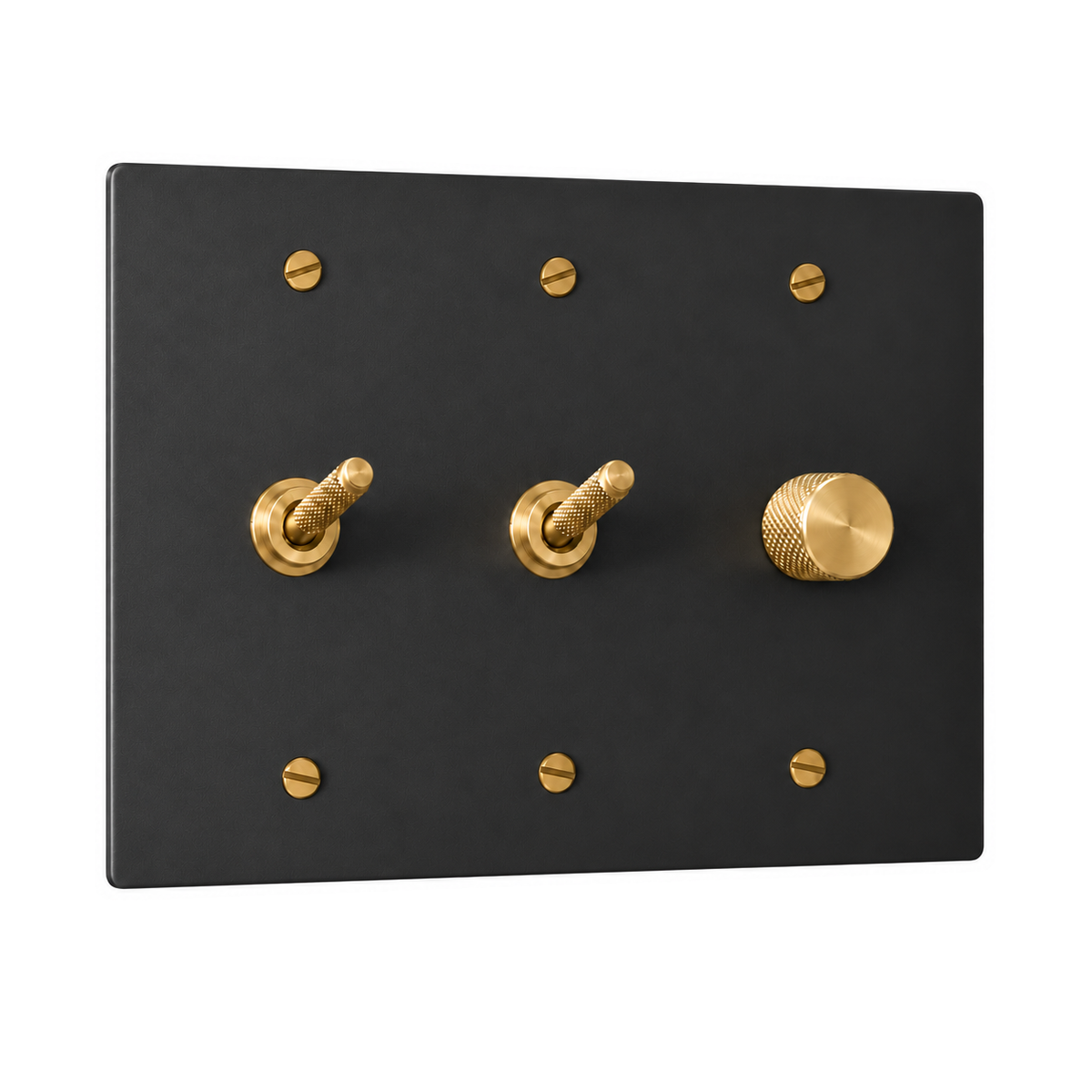 3-Gang Solid Brass 2 Knurled Toggle Light Switches & Dimmer in Black with Brass Accents; 2 toggles + 1 rotary dimmer on a white background
