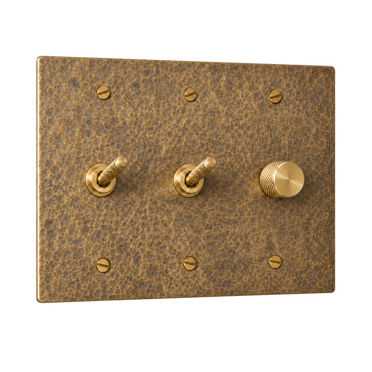 3-Gang Solid Brass 2 Knurled Toggle Light Switches & Dimmer in Hammered Antique Brass; 2 toggles + 1 rotary dimmer on a white background