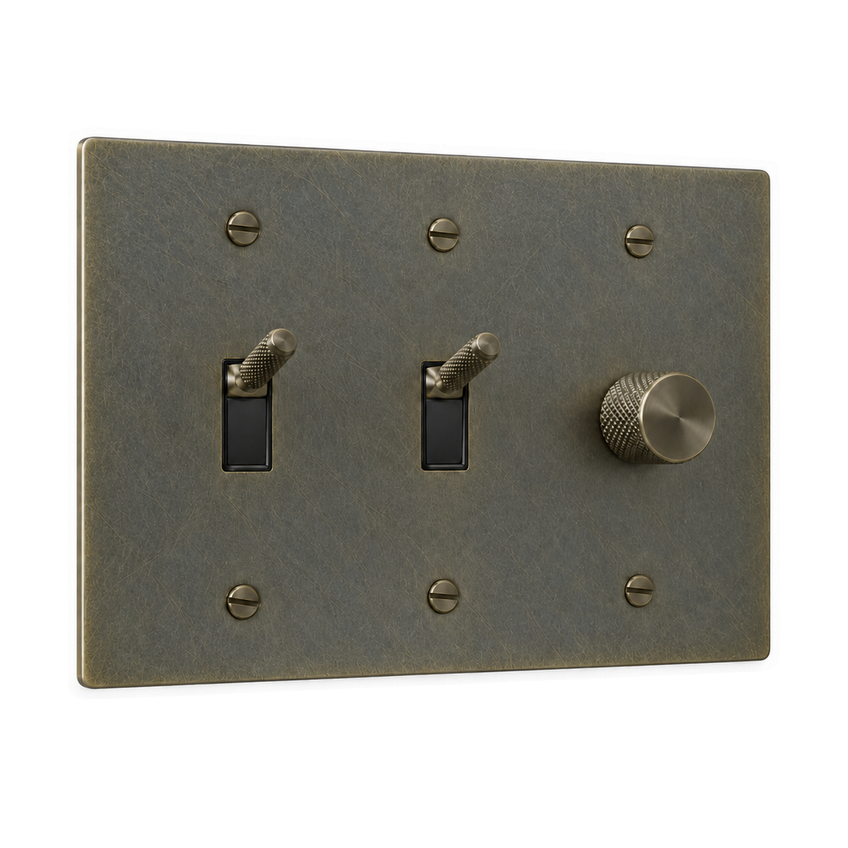 3-Gang Knurled Brass Toggle Light Switches & Rotary Dimmer in Aged Bronze (Hand-Brushed); 2 toggles + 1 rotary dimmer on a white background