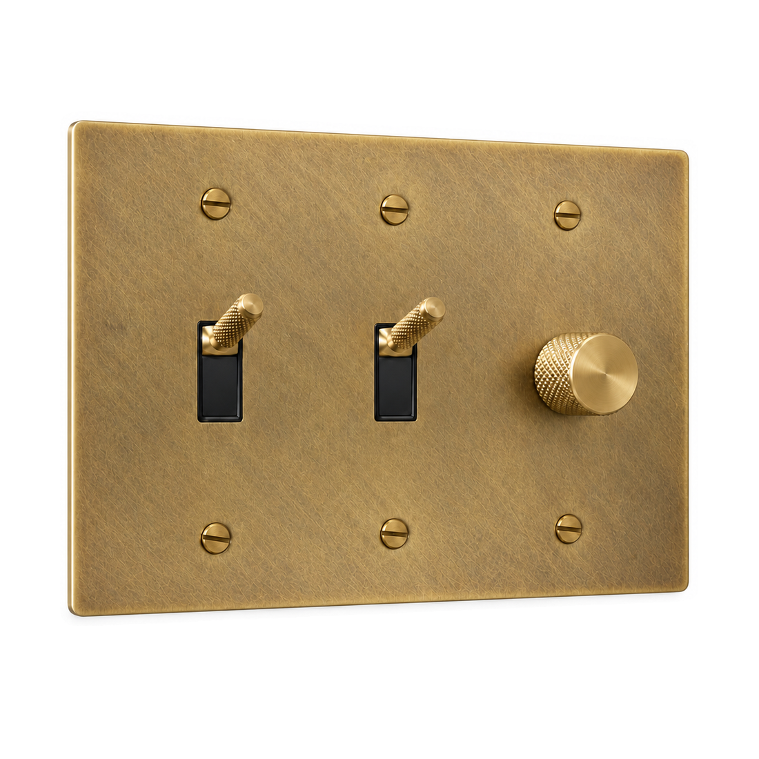 3-Gang Knurled Brass Toggle Light Switches & Rotary Dimmer in Satin Brass; 2 toggles + 1 rotary dimmer on a white background