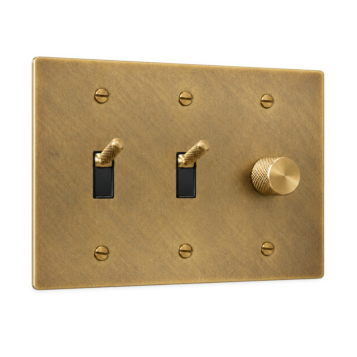 3-Gang Knurled Brass Toggle Light Switches & Rotary Dimmer in Antique Brass (Hand-Brushed); 2 toggles + 1 rotary dimmer on a white background