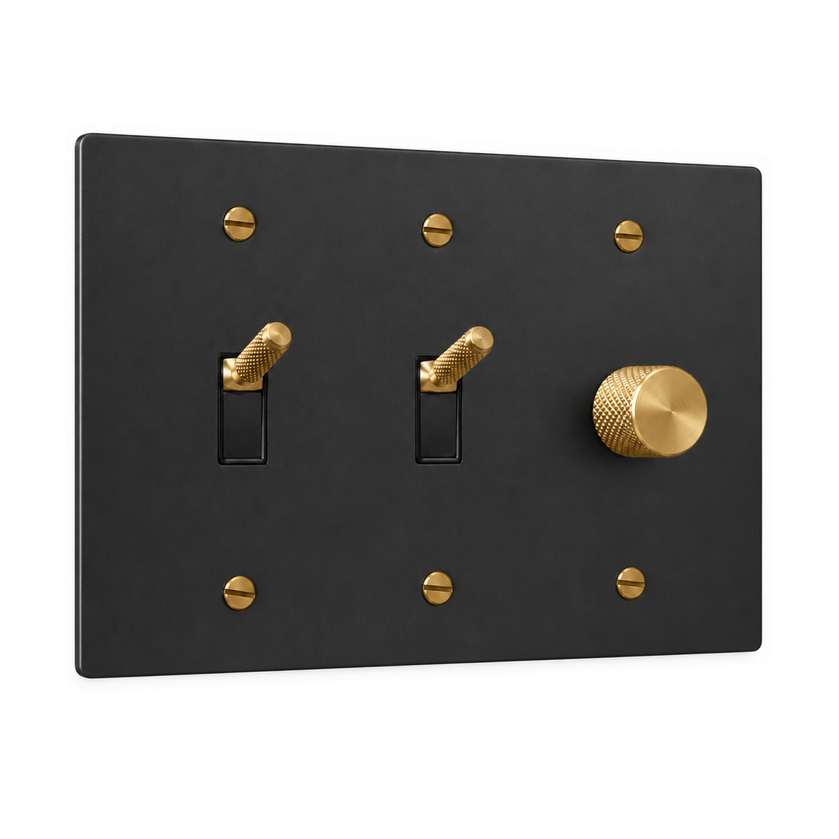 3-Gang Knurled Brass Toggle Light Switches & Rotary Dimmer in Black with Brass Accents; 2 toggles + 1 rotary dimmer on a white background