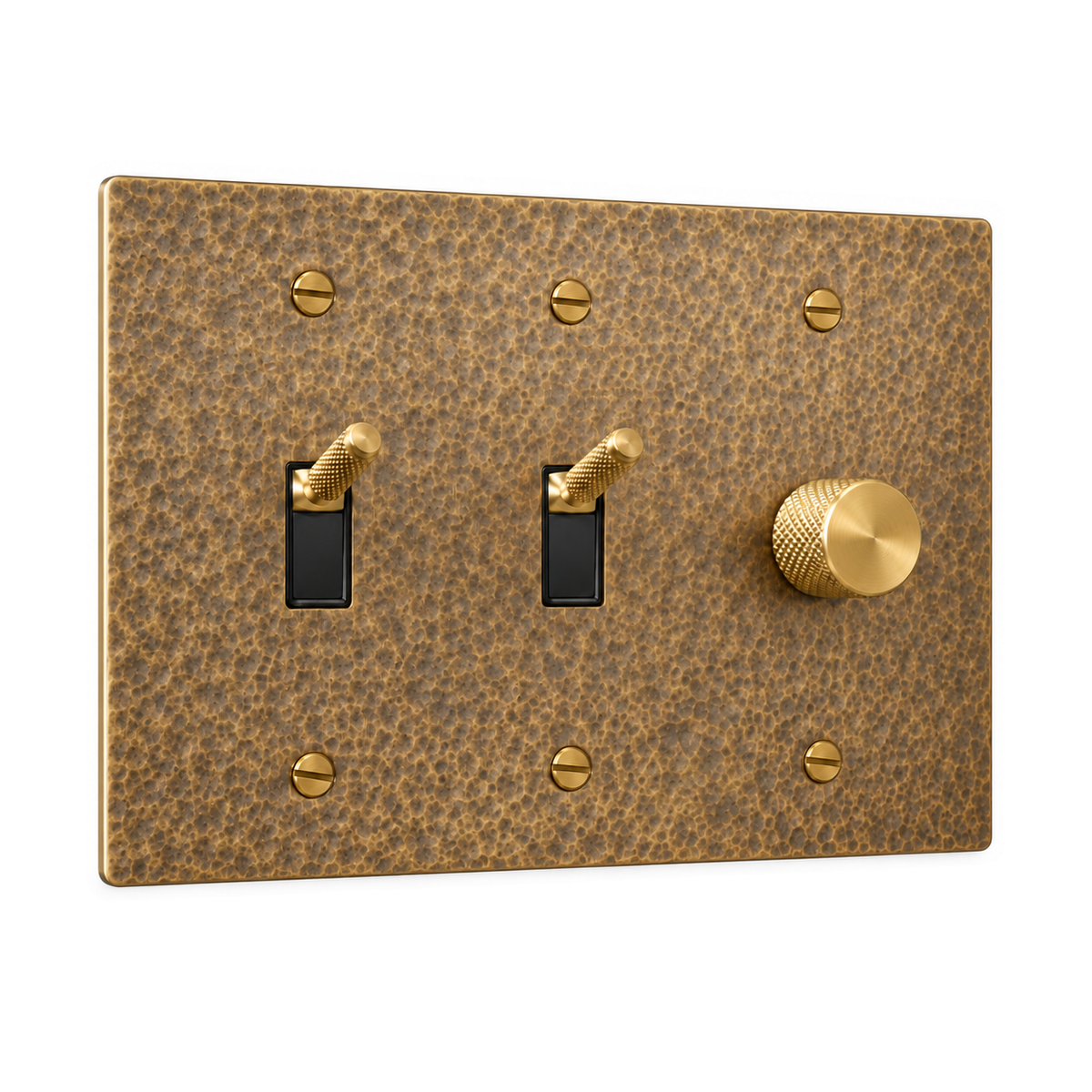 3-Gang Knurled Brass Toggle Light Switches & Rotary Dimmer in Hammered Antique Brass; 2 toggles + 1 rotary dimmer on a white background