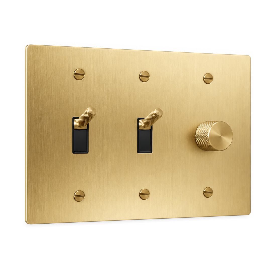 3-Gang Knurled Brass Toggle Light Switches & Rotary Dimmer in Satin Brass; 2 toggles + 1 rotary dimmer on a white background