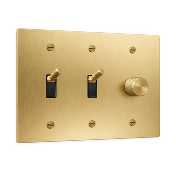 3-Gang Knurled Brass Toggle Light Switches & Rotary Dimmer in Satin Brass; 2 toggles + 1 rotary dimmer on a white background
