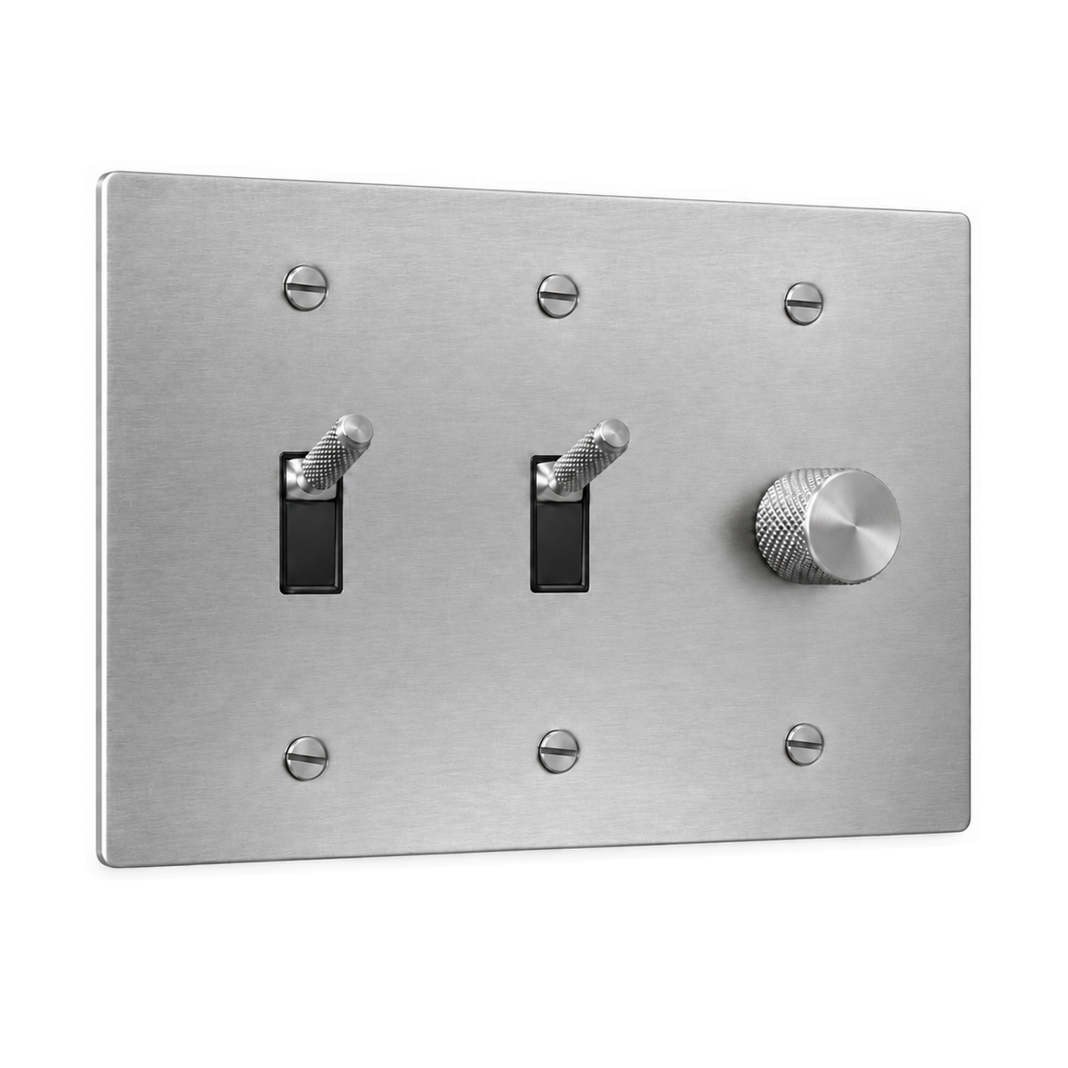 3-Gang Knurled Brass Toggle Light Switches & Rotary Dimmer in Stainless Steel; 2 toggles + 1 rotary dimmer on a white background