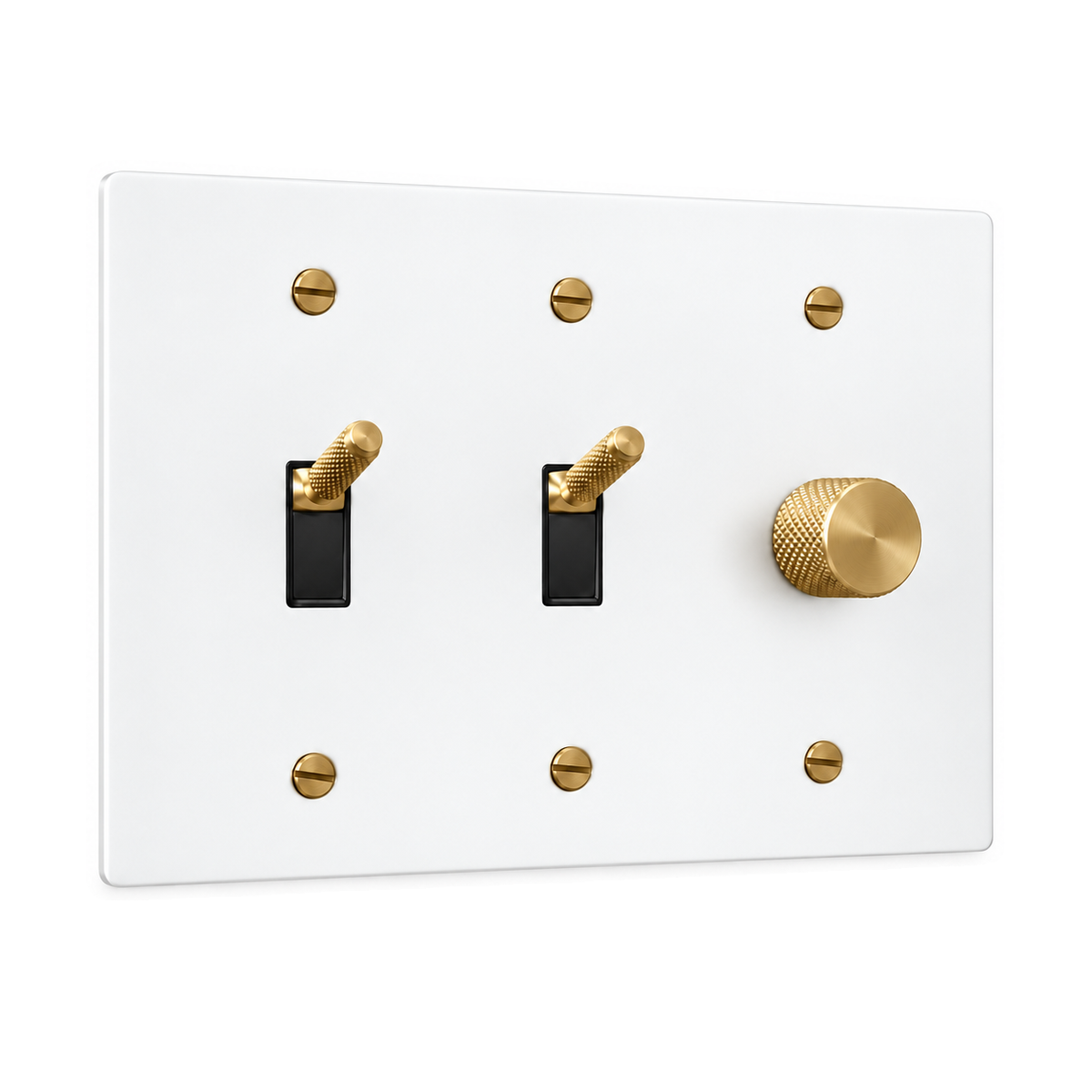 3-Gang Knurled Brass Toggle Light Switches & Rotary Dimmer in White with Brass Accents; 2 toggles + 1 rotary dimmer on a white background