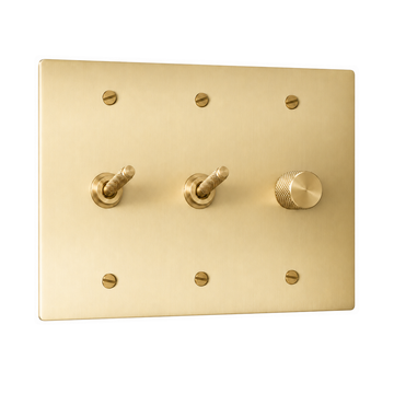 3-Gang Solid Brass 2 Knurled Toggle Light Switches & Dimmer in Satin Brass; 2 toggles + 1 rotary dimmer on a white background