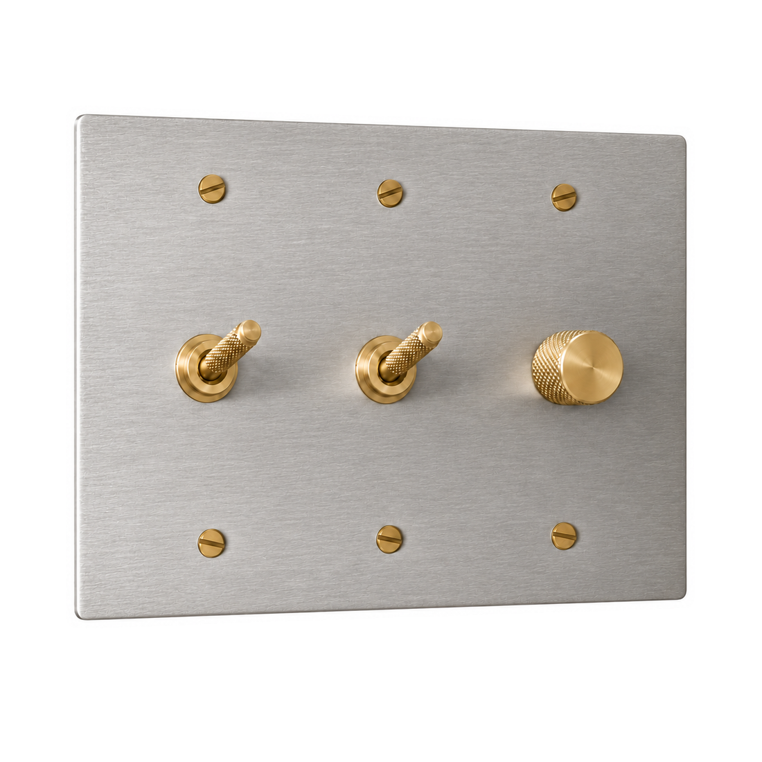 3-Gang Solid Brass 2 Knurled Toggle Light Switches & Dimmer in Stainless Steel; 2 toggles + 1 rotary dimmer on a white background