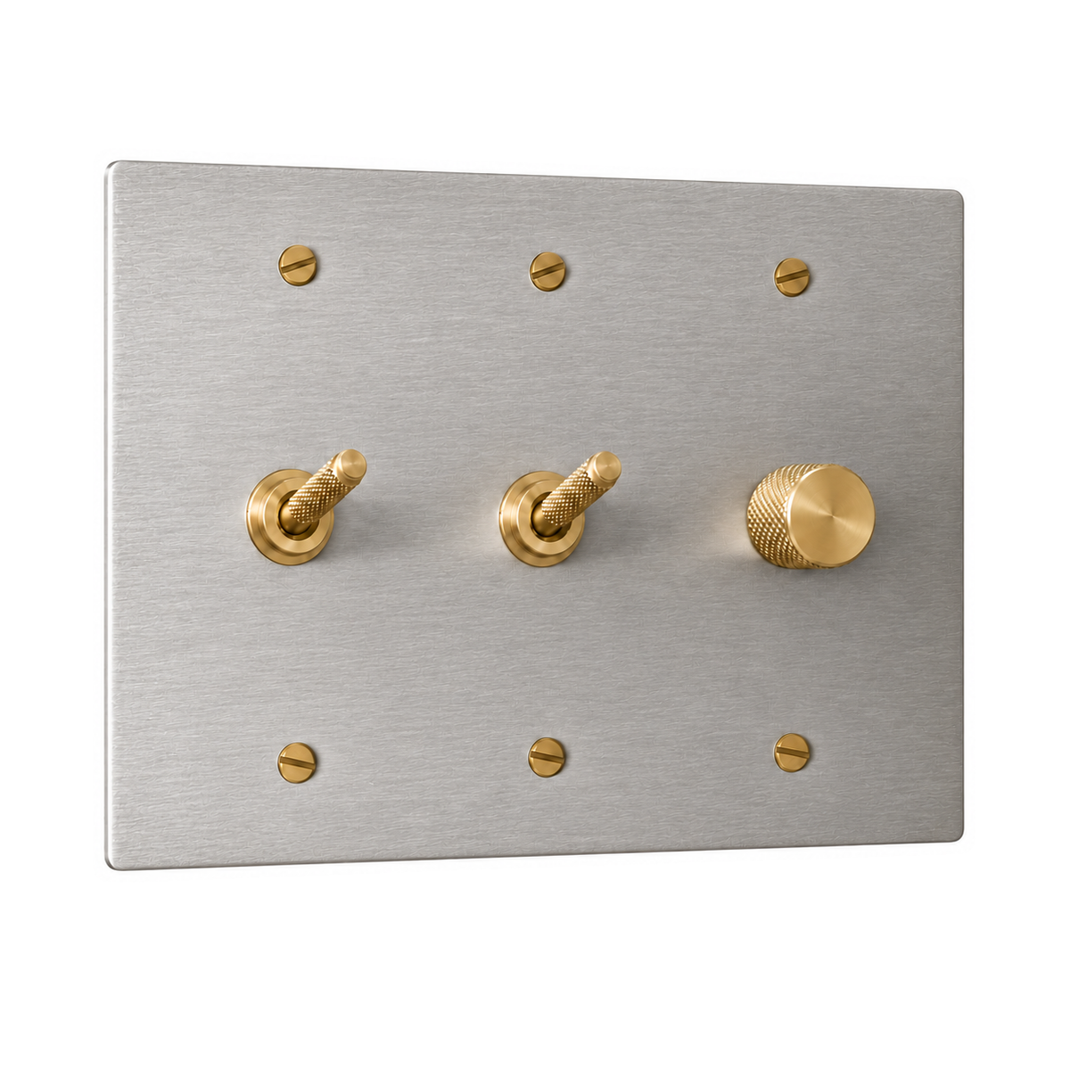 3-Gang Solid Brass 2 Knurled Toggle Light Switches & Dimmer in Stainless Steel; 2 toggles + 1 rotary dimmer on a white background
