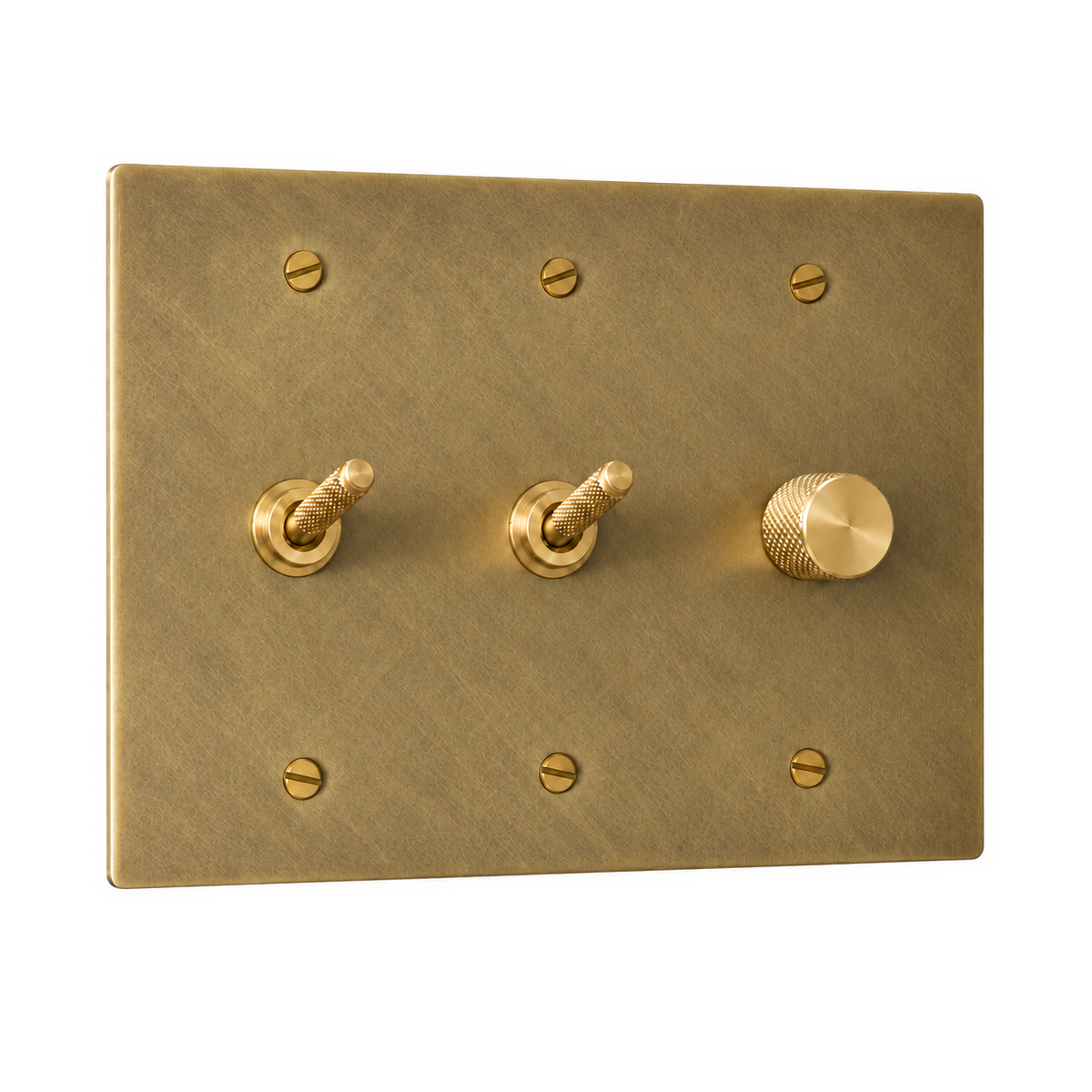 3-Gang Solid Brass 2 Knurled Toggle Light Switches & Dimmer in Unlacquered Antique Brass (Hand-Brushed); 2 toggles + 1 rotary dimmer on a white background
