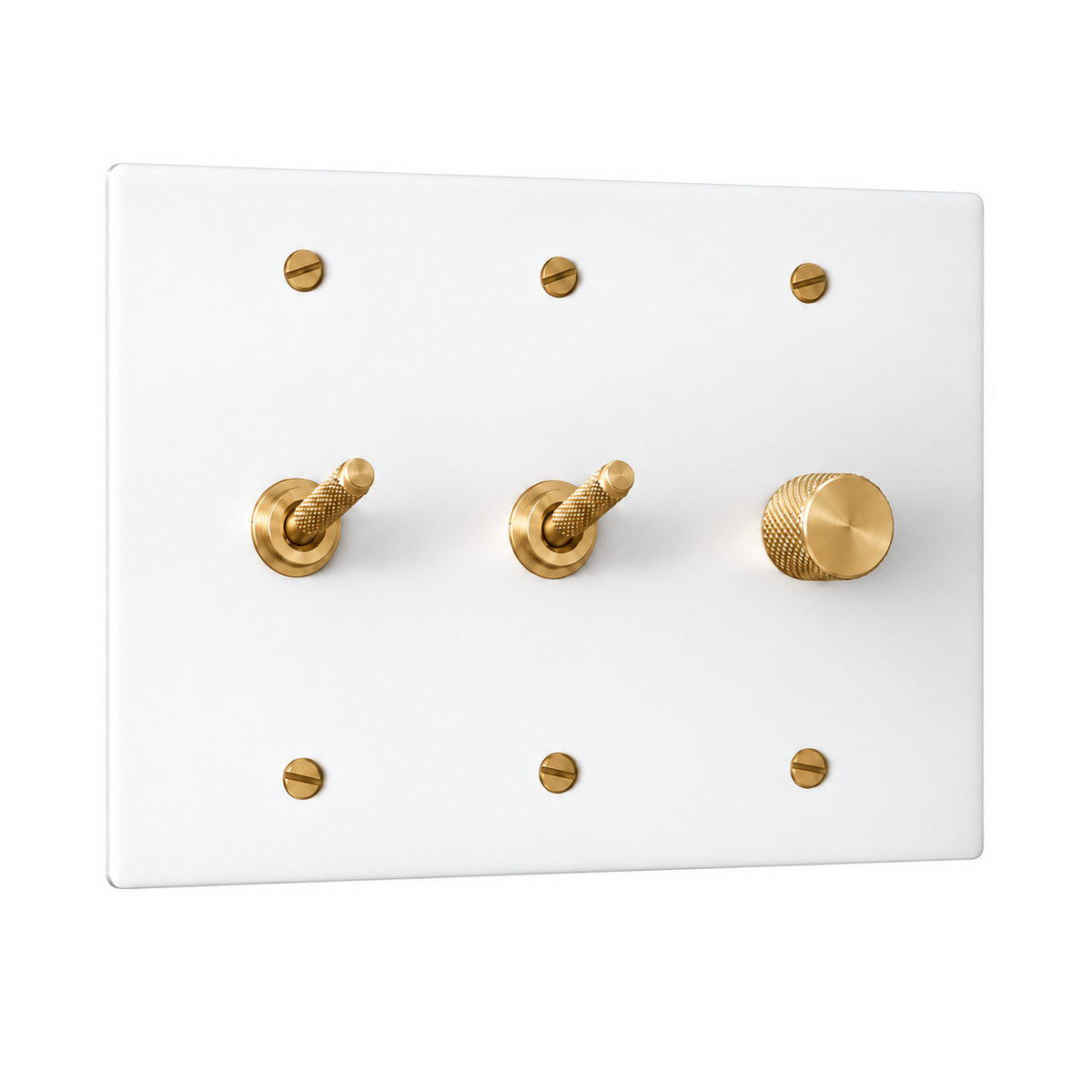 3-Gang Solid Brass 2 Knurled Toggle Light Switches & Dimmer in White with Brass Accents; 2 toggles + 1 rotary dimmer on a white background