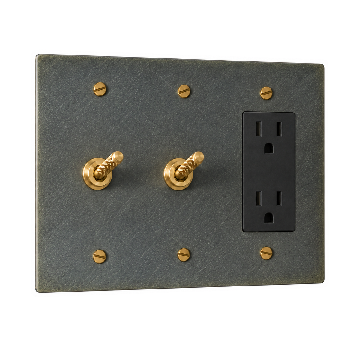 3-Gang Solid Brass 2 Knurled Toggle Light Switches & Duplex Outlet in Aged Bronze (Hand-Brushed); 2 toggles + 1 duplex outlet on a white background