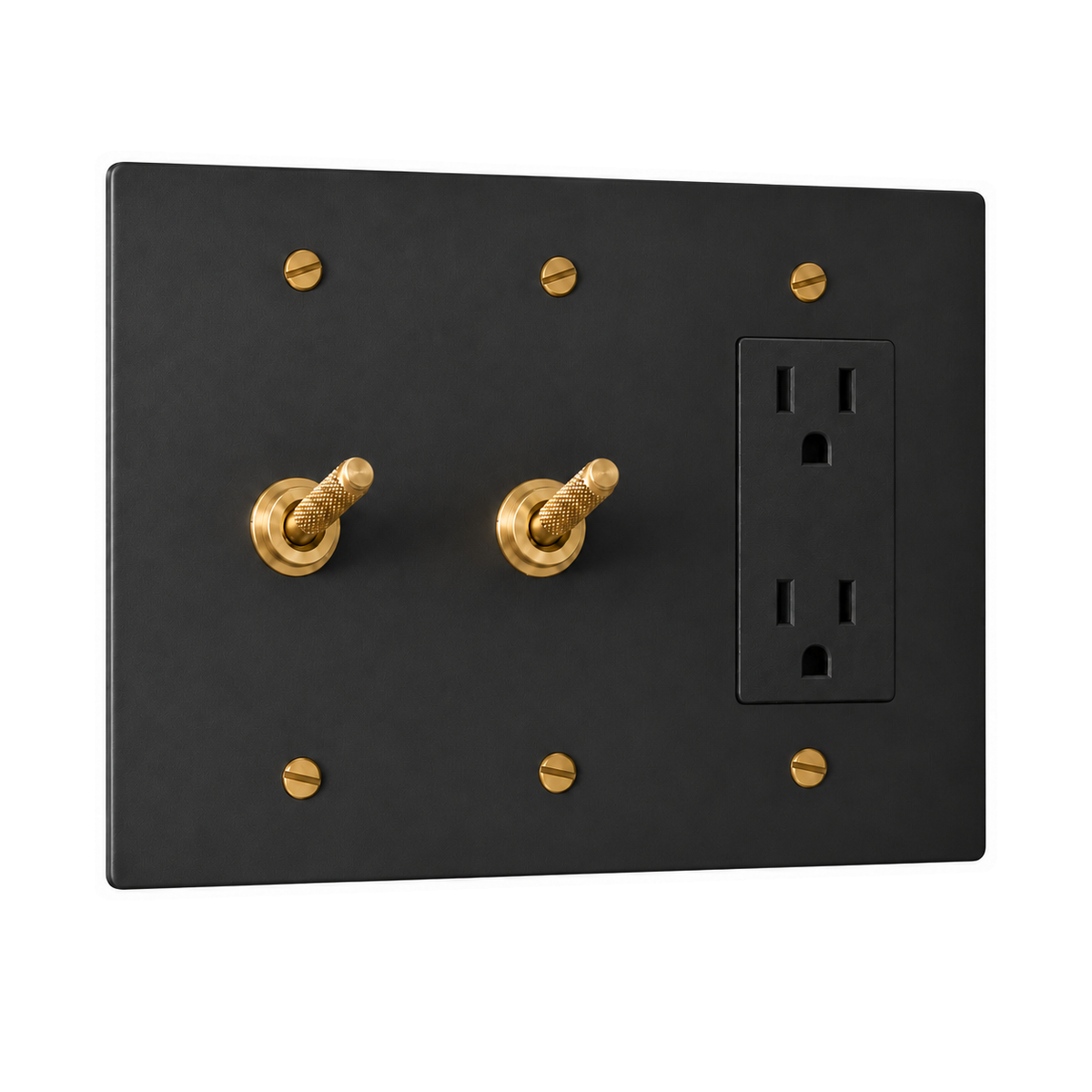 3-Gang Solid Brass 2 Knurled Toggle Light Switches & Duplex Outlet in Black with Brass Accents; 2 toggles + 1 duplex outlet on a white background