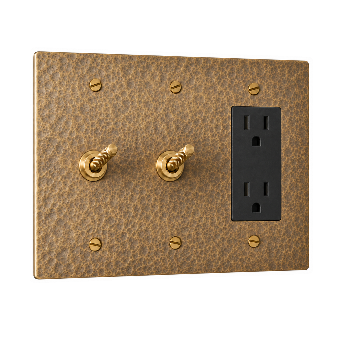 3-Gang Solid Brass 2 Knurled Toggle Light Switches & Duplex Outlet in Hammered Antique Brass; 2 toggles + 1 duplex outlet on a white background