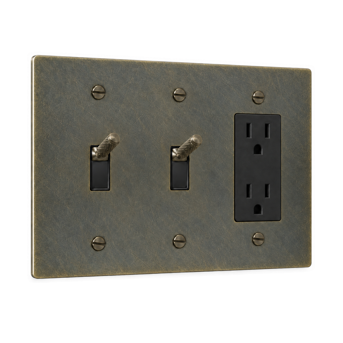 3-Gang Knurled Brass Toggle Light Switches & Duplex Outlet in Aged Bronze (Hand-Brushed); 2 toggles + 1 duplex outlet on a white background