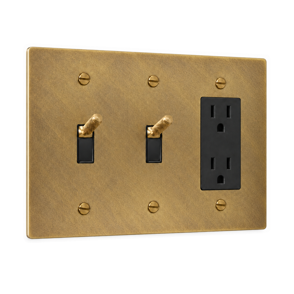 3-Gang Knurled Brass Toggle Light Switches & Duplex Outlet in Antique Brass (Hand-Brushed); 2 toggles + 1 duplex outlet on a white background