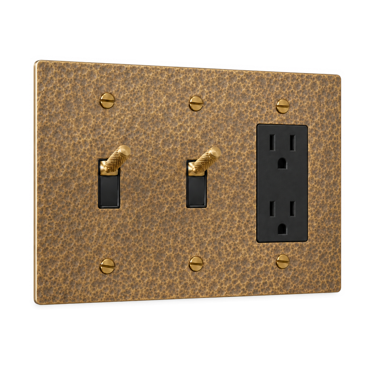 3-Gang Knurled Brass Toggle Light Switches & Duplex Outlet in Hammered Antique Brass; 2 toggles + 1 duplex outlet on a white background