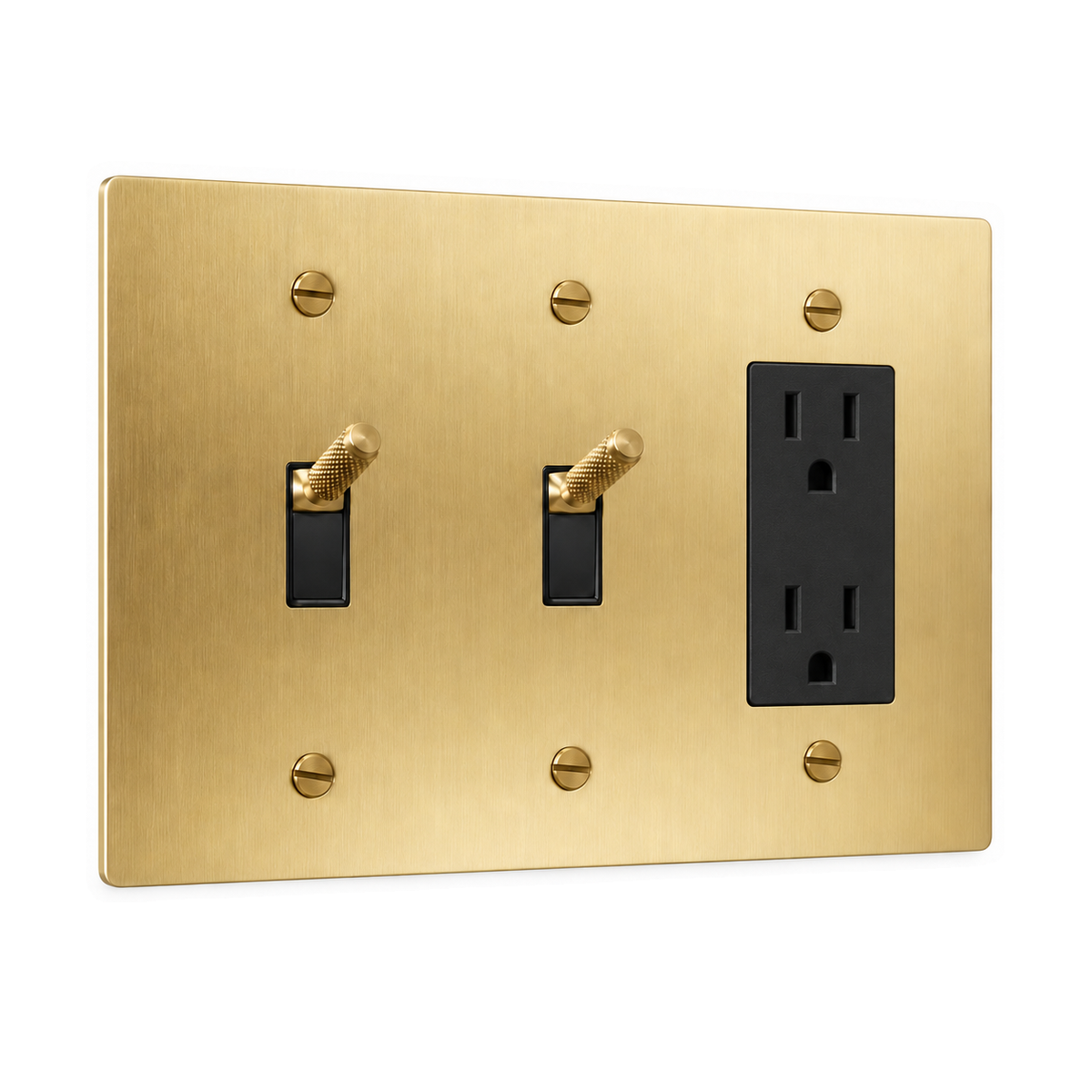 3-Gang Knurled Brass Toggle Light Switches & Duplex Outlet in Satin Brass; 2 toggles + 1 duplex outlet on a white background