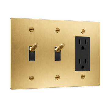 3-Gang Knurled Brass Toggle Light Switches & Duplex Outlet in Satin Brass; 2 toggles + 1 duplex outlet on a white background