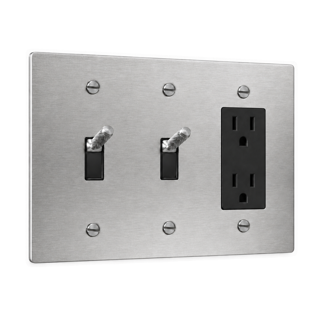 3-Gang Knurled Brass Toggle Light Switches & Duplex Outlet in Stainless Steel; 2 toggles + 1 duplex outlet on a white background