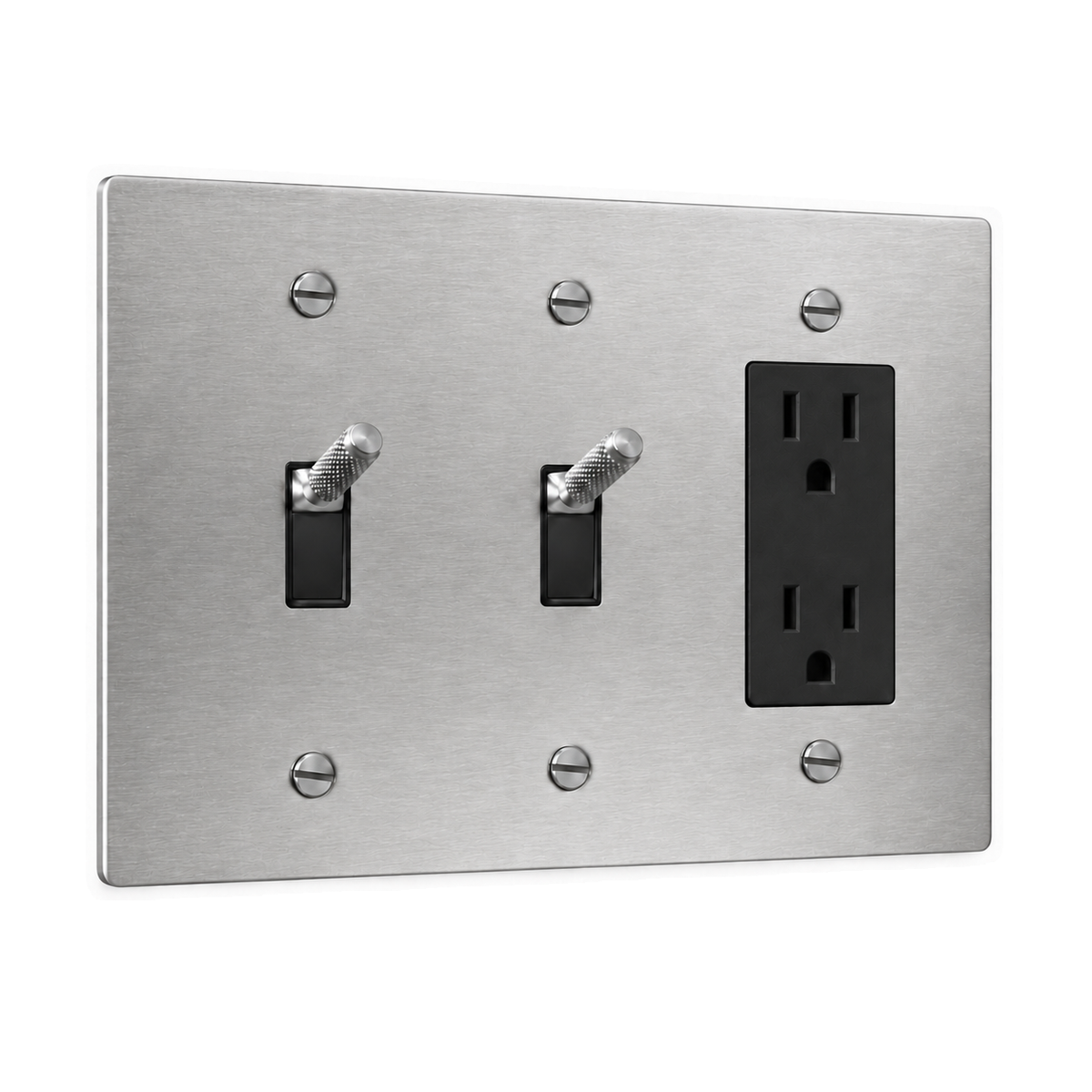 3-Gang Knurled Brass Toggle Light Switches & Duplex Outlet in Stainless Steel; 2 toggles + 1 duplex outlet on a white background