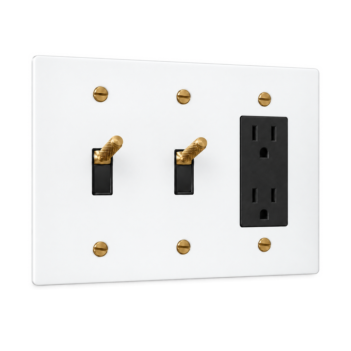 3-Gang Knurled Brass Toggle Light Switches & Duplex Outlet in White with Brass Accents; 2 toggles + 1 duplex outlet on a white background