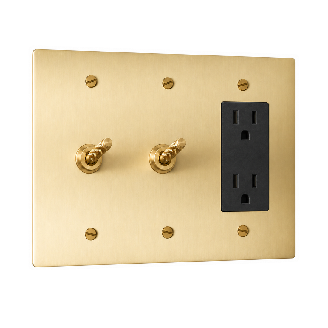 3-Gang Solid Brass 2 Knurled Toggle Light Switches & Duplex Outlet in Satin Brass; 2 toggles + 1 duplex outlet on a white background