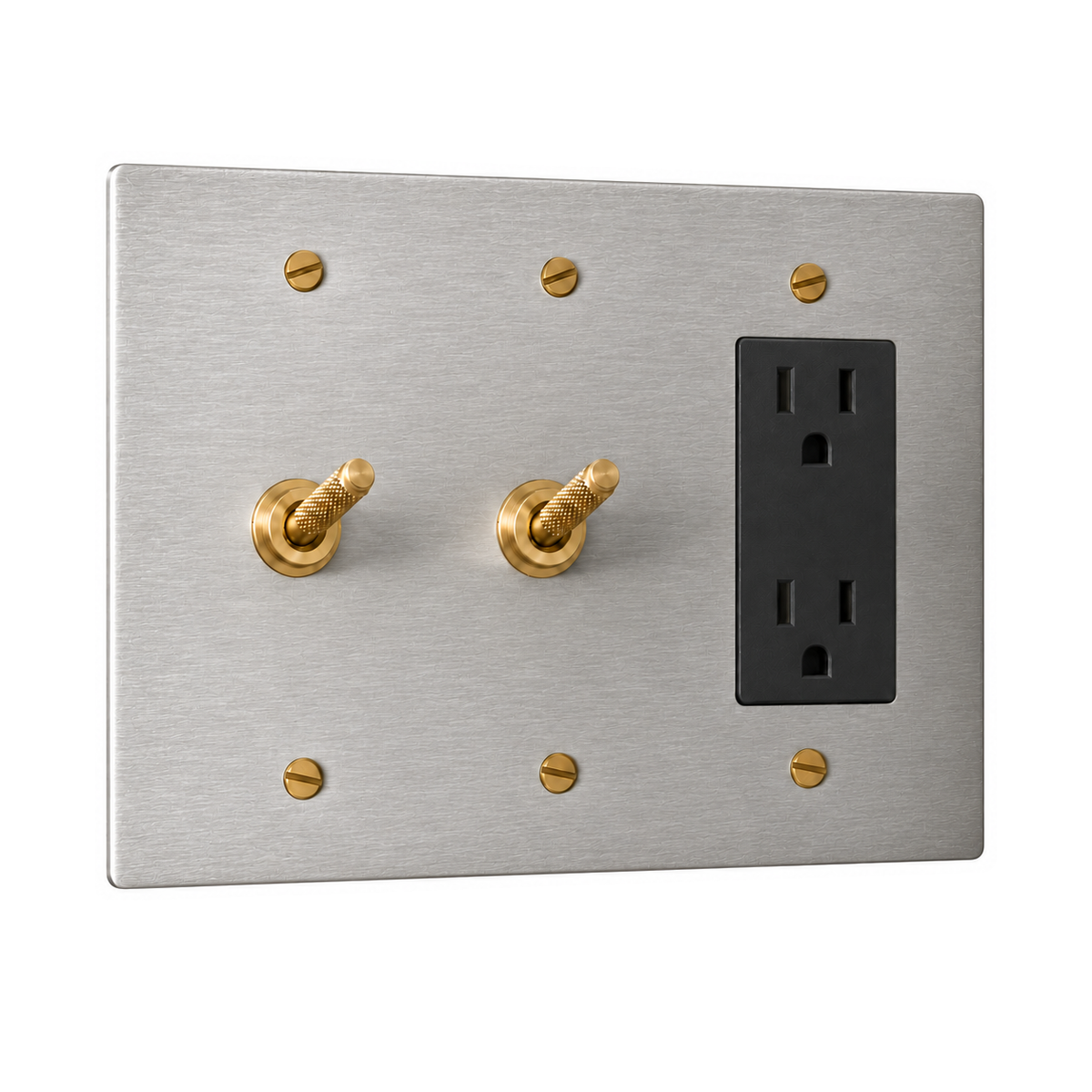 3-Gang Solid Brass 2 Knurled Toggle Light Switches & Duplex Outlet in Stainless Steel; 2 toggles + 1 duplex outlet on a white background
