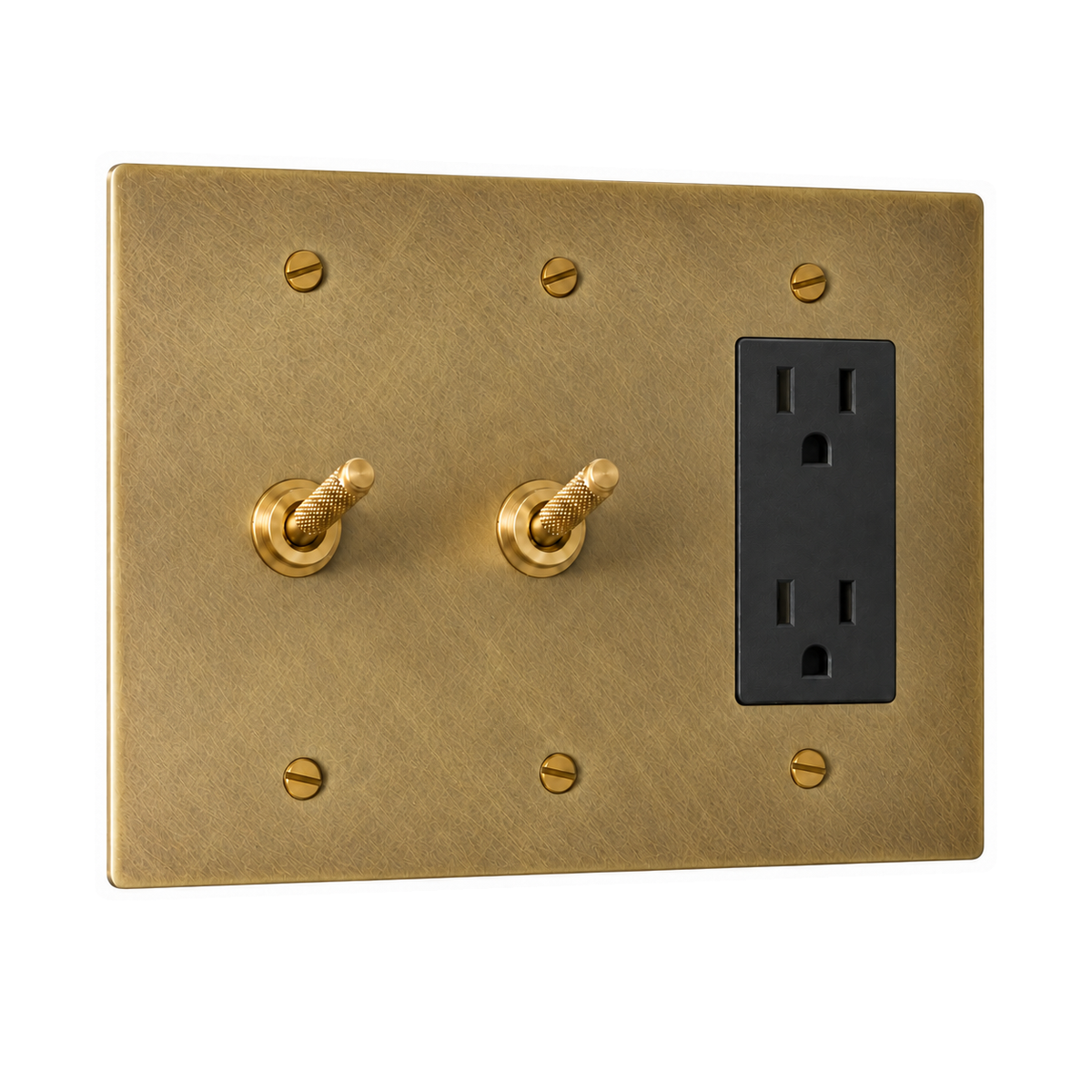 3-Gang Solid Brass 2 Knurled Toggle Light Switches & Duplex Outlet in Unlacquered Antique Brass (Hand-Brushed); 2 toggles + 1 duplex outlet on a white background
