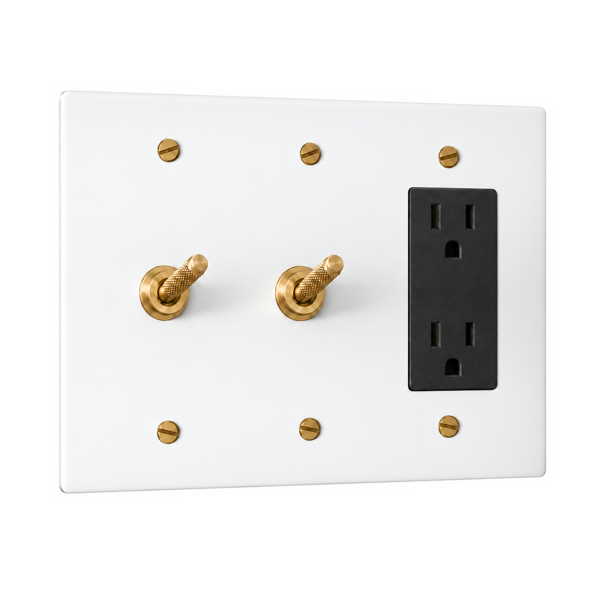 3-Gang Solid Brass 2 Knurled Toggle Light Switches & Duplex Outlet in White with Brass Accents; 2 toggles + 1 duplex outlet on a white background