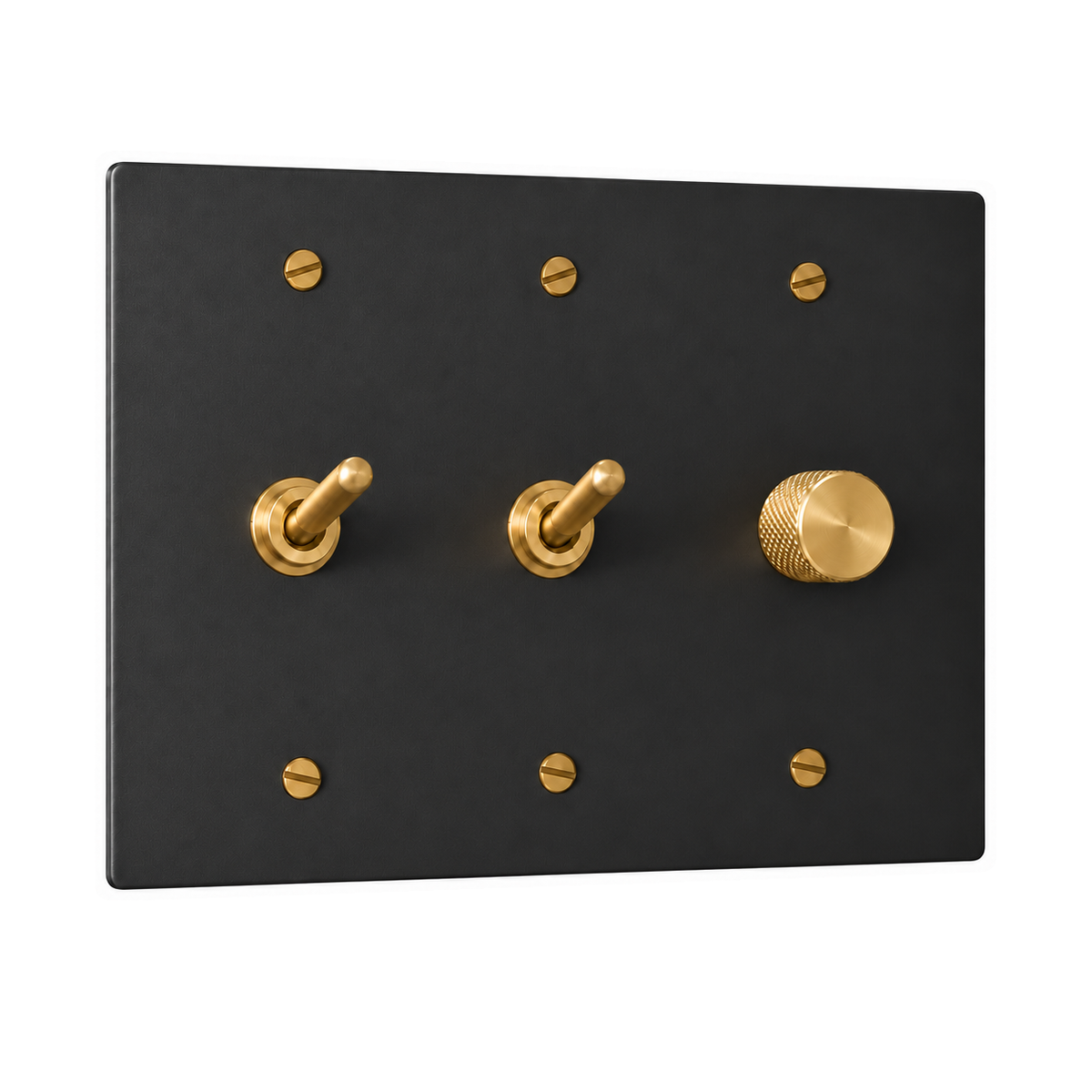 3-Gang Solid Brass 2 Toggle Light Switches & Dimmer in Black with Brass Accents; 2 toggles + 1 rotary dimmer on a white background