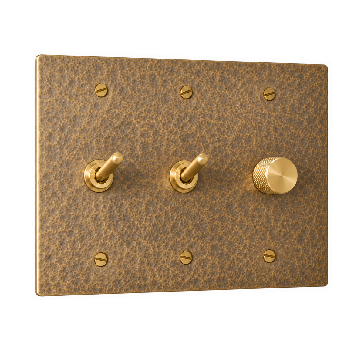 3-Gang Solid Brass 2 Toggle Light Switches & Dimmer in Hammered Antique Brass; 2 toggles + 1 rotary dimmer on a white background