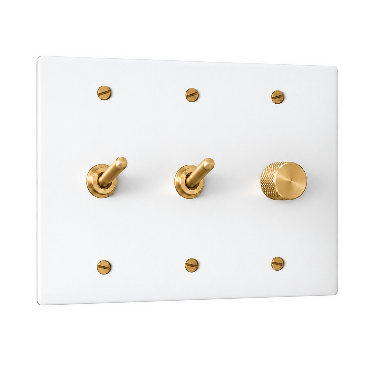 3-Gang Solid Brass 2 Toggle Light Switches & Dimmer in White with Brass Accents; 2 toggles + 1 rotary dimmer on a white background