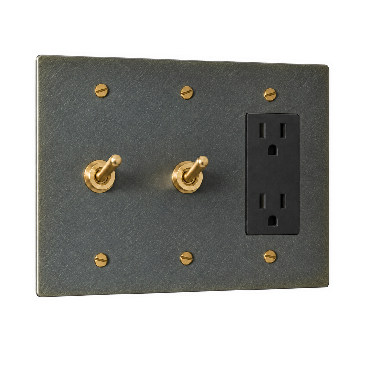 3-Gang Solid Brass 2 Toggle Light Switches & Duplex Outlet in Aged Bronze (Hand-Brushed); 2 toggles + 1 duplex outlet on a white background