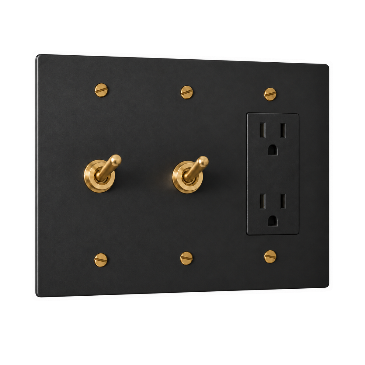 3-Gang Solid Brass 2 Toggle Light Switches & Duplex Outlet in Black with Brass Accents; 2 toggles + 1 duplex outlet on a white background