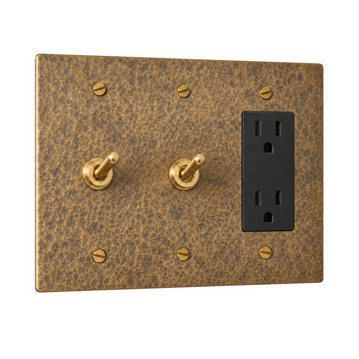 3-Gang Solid Brass 2 Toggle Light Switches & Duplex Outlet in Hammered Antique Brass; 2 toggles + 1 duplex outlet on a white background