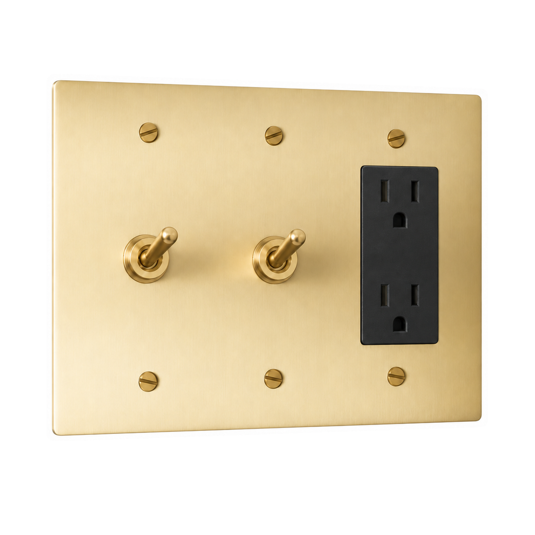 3-Gang Solid Brass 2 Toggle Light Switches & Duplex Outlet in Satin Brass; 2 toggles + 1 duplex outlet on a white background