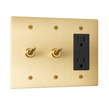 3-Gang Solid Brass 2 Toggle Light Switches & Duplex Outlet in Satin Brass; 2 toggles + 1 duplex outlet on a white background