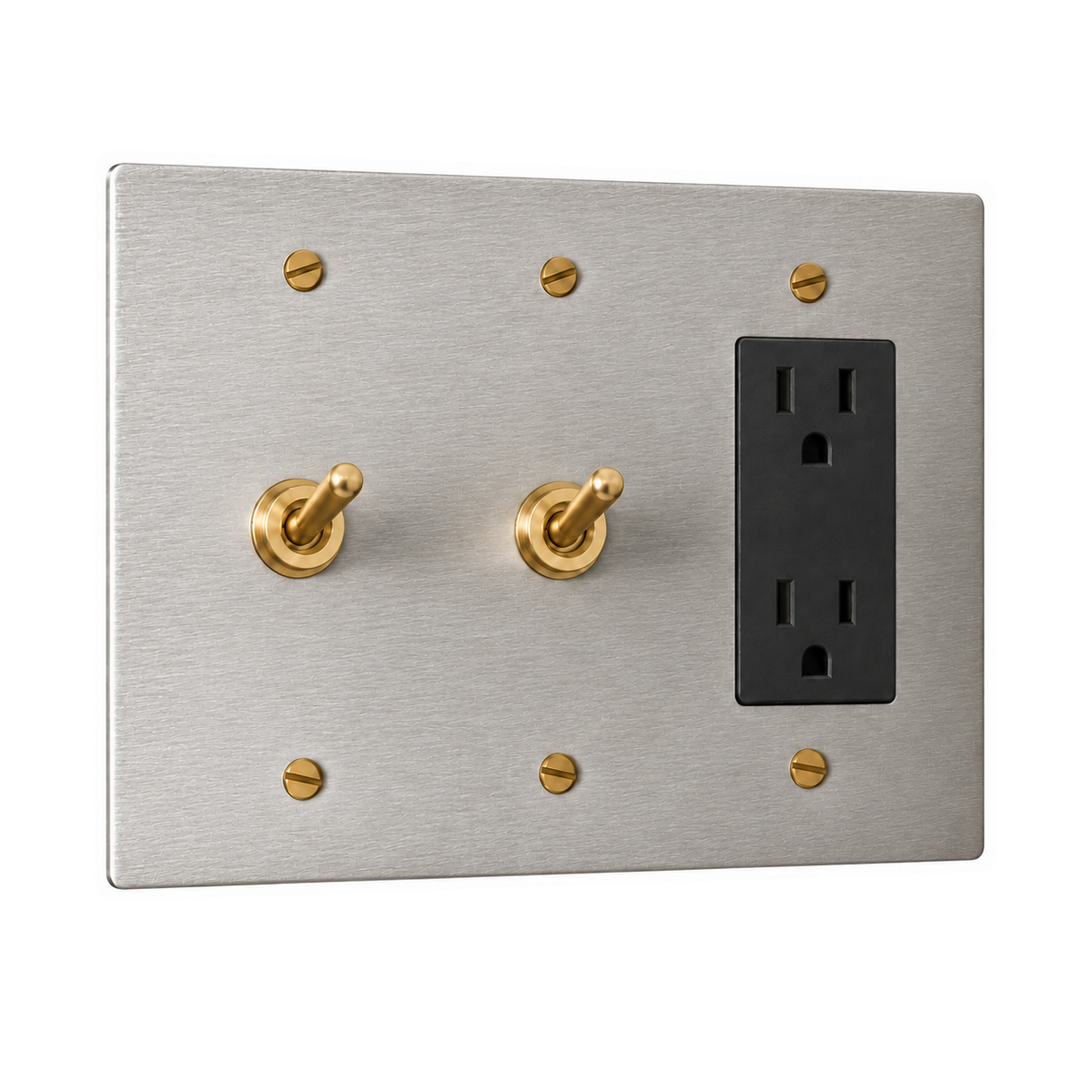 3-Gang Solid Brass 2 Toggle Light Switches & Duplex Outlet in Stainless Steel; 2 toggles + 1 duplex outlet on a white background
