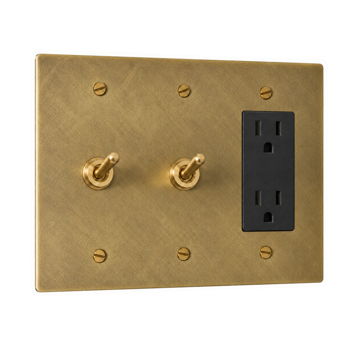 3-Gang Solid Brass 2 Toggle Light Switches & Duplex Outlet in Unlacquered Antique Brass (Hand-Brushed); 2 toggles + 1 duplex outlet on a white background