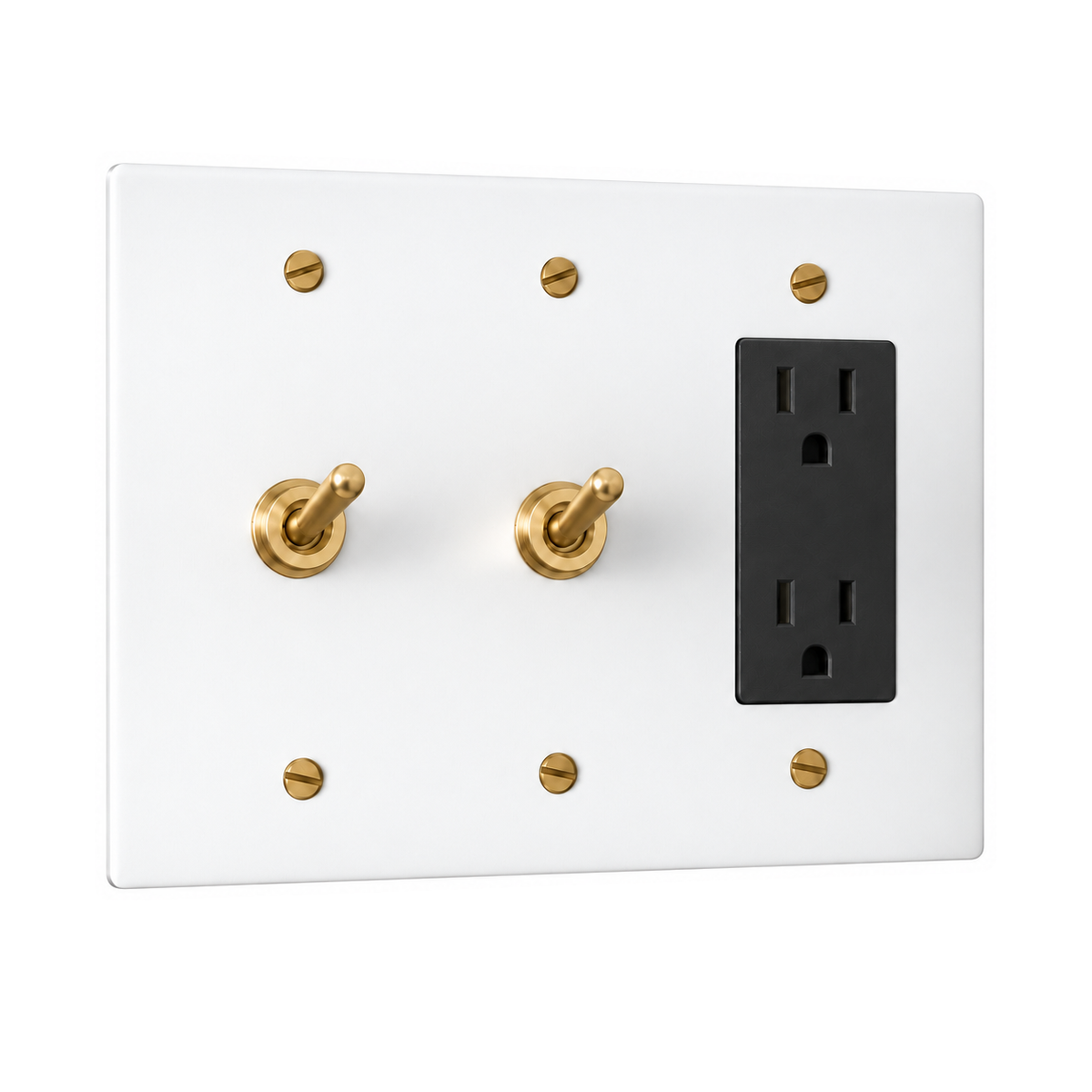 3-Gang Solid Brass 2 Toggle Light Switches & Duplex Outlet in White with Brass Accents; 2 toggles + 1 duplex outlet on a white background