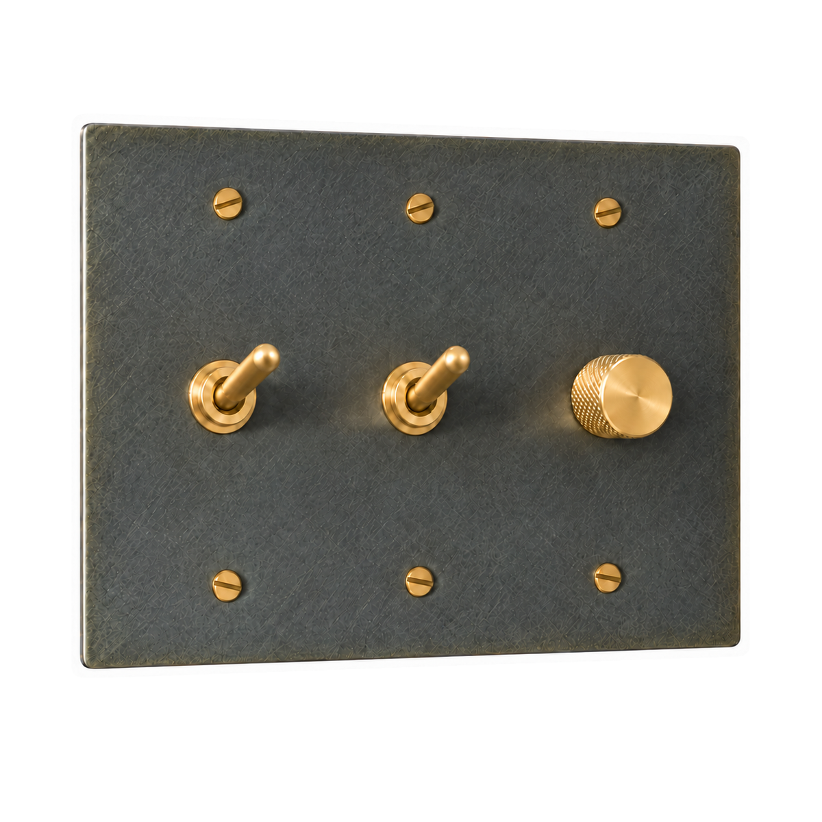 3-Gang Solid Brass 2 Toggle Light Switches & Dimmer in Aged Bronze (Hand-Brushed); 2 toggles + 1 rotary dimmer on a white background