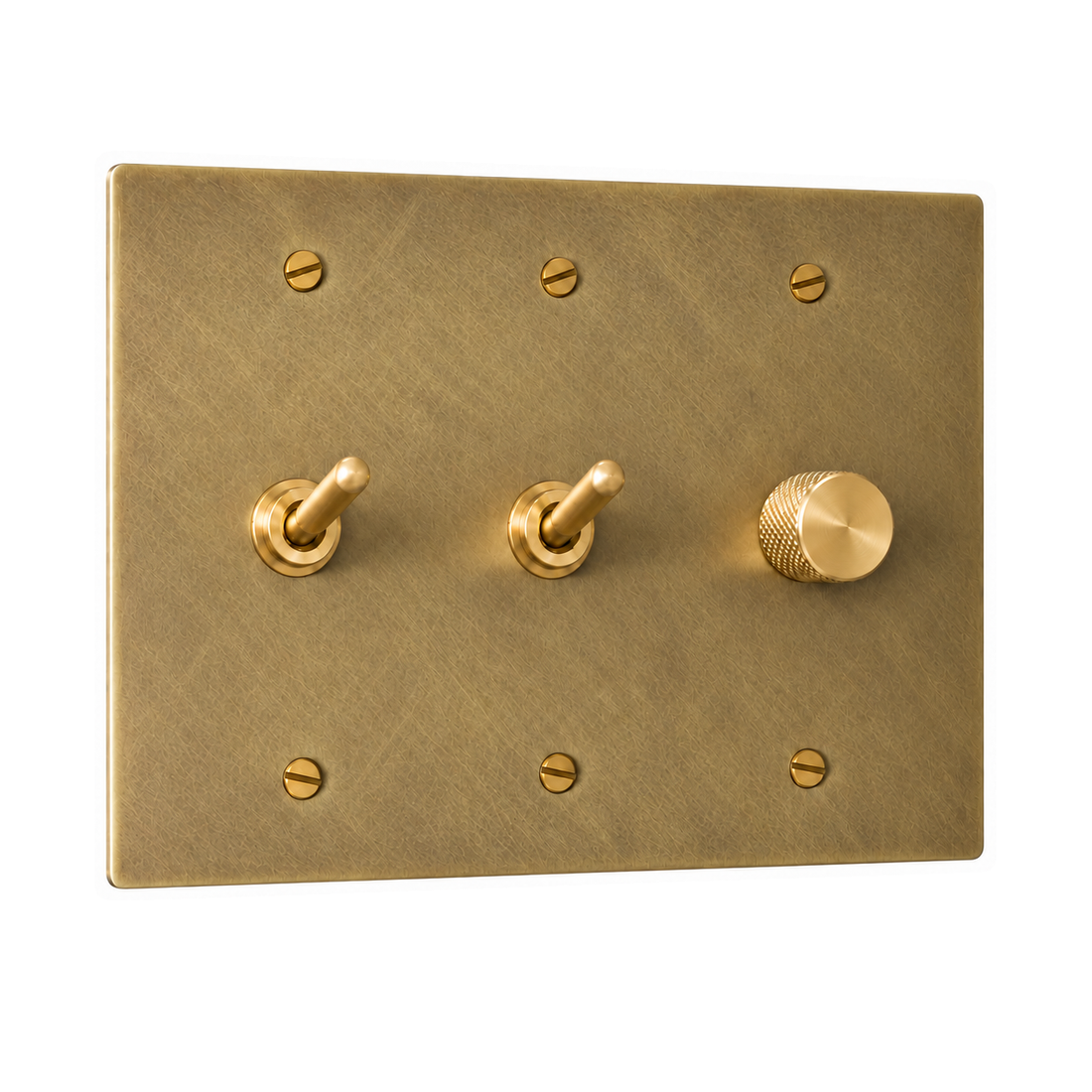 3-Gang Solid Brass 2 Toggle Light Switches & Dimmer in Satin Brass; 2 toggles + 1 rotary dimmer on a white background