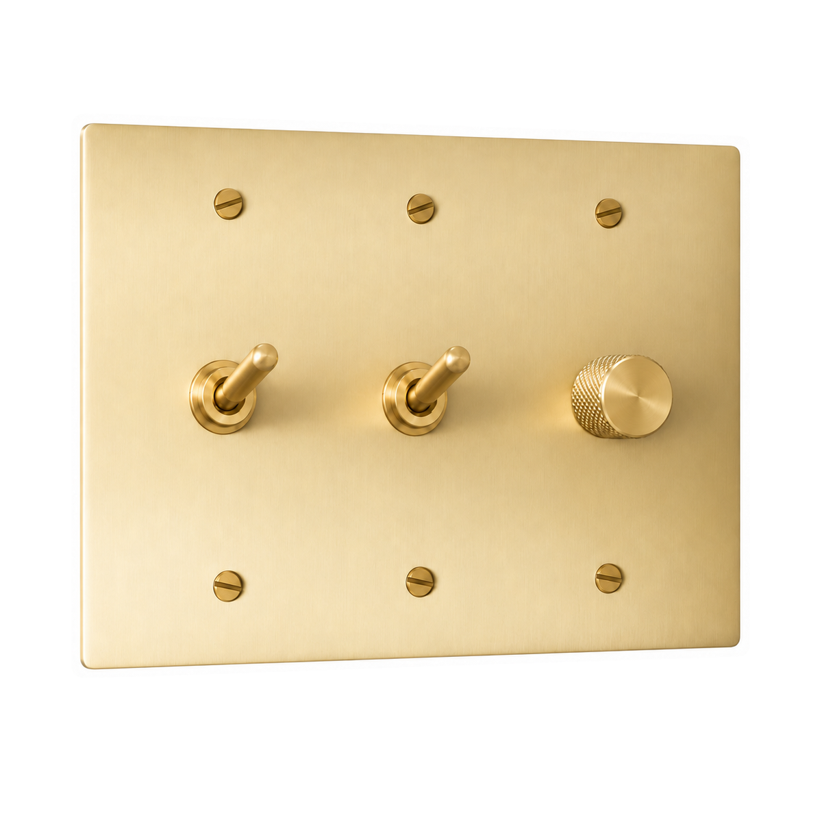 3-Gang Solid Brass 2 Toggle Light Switches & Dimmer in Satin Brass; 2 toggles + 1 rotary dimmer on a white background