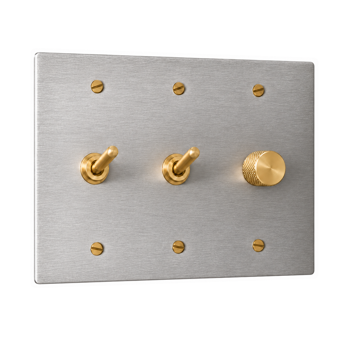 3-Gang Solid Brass 2 Toggle Light Switches & Dimmer in Stainless Steel; 2 toggles + 1 rotary dimmer on a white background