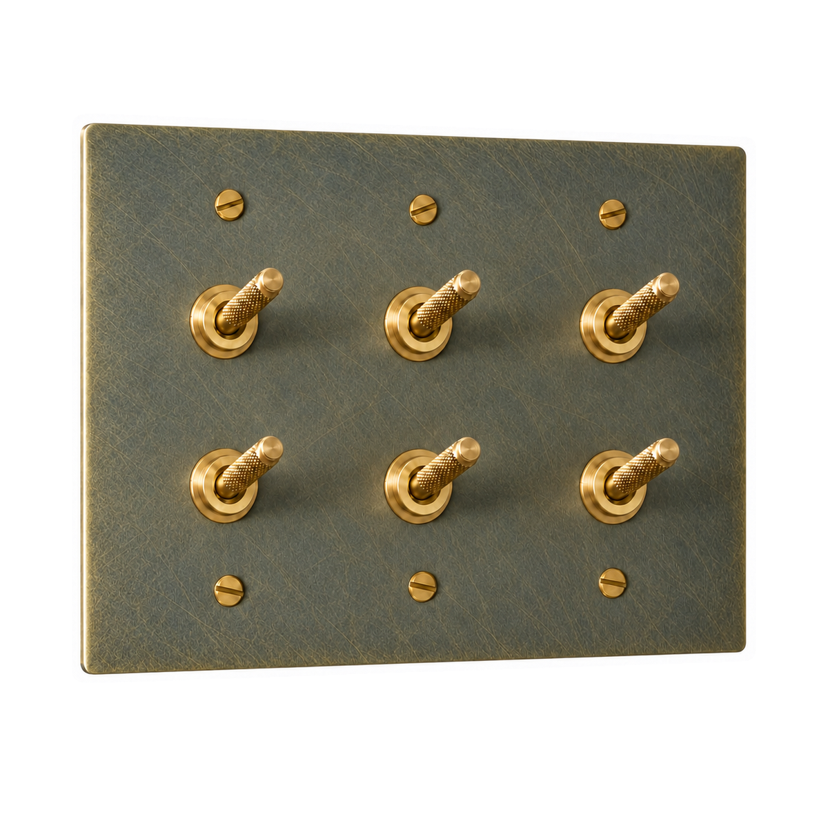 3-Gang Solid Brass Double Knurled Toggle Light Switches in Aged Bronze (Hand-Brushed); 6 toggles on a white background
